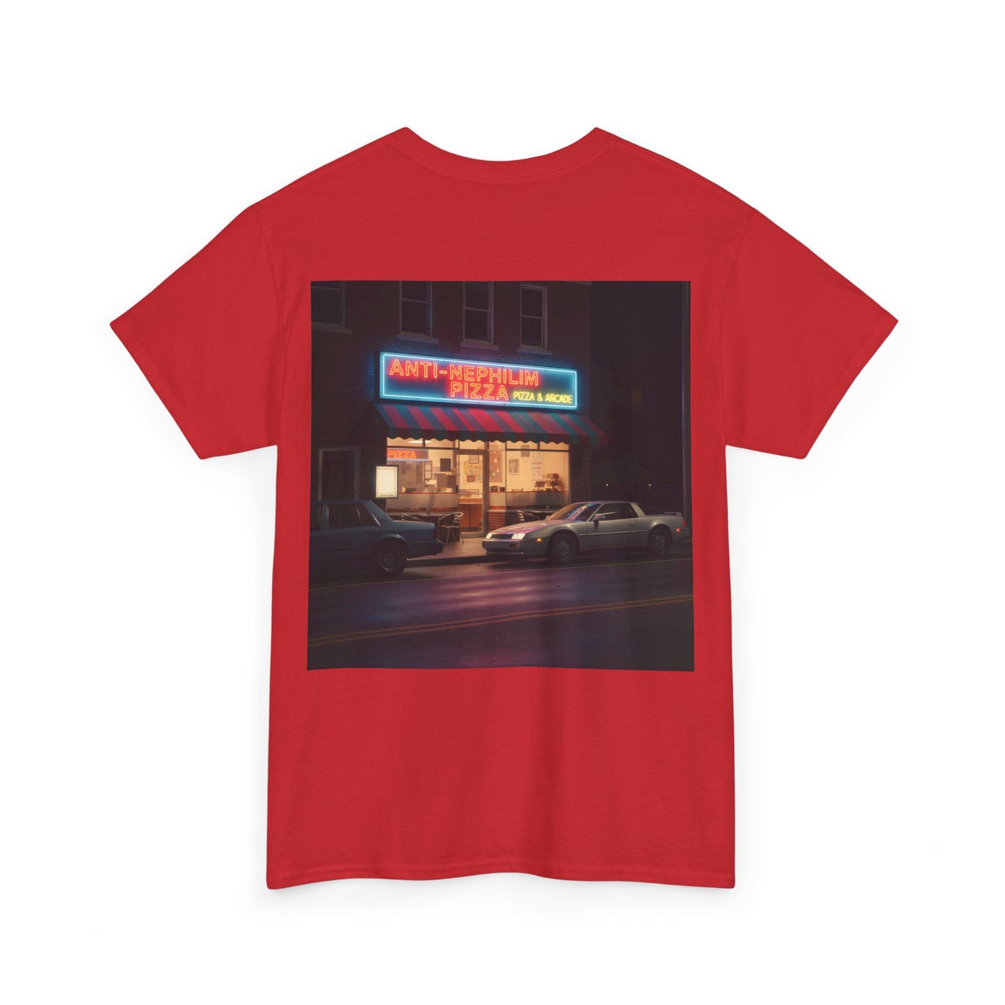 Retro neon pizza place anti nephilim t shirt (unisex), Kirk Ave. Apparel