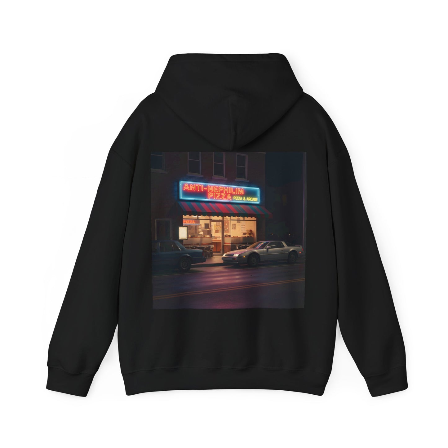 Retro neon pizza place anti nephilim hoodie (unisex), Kirk Ave. Apparel