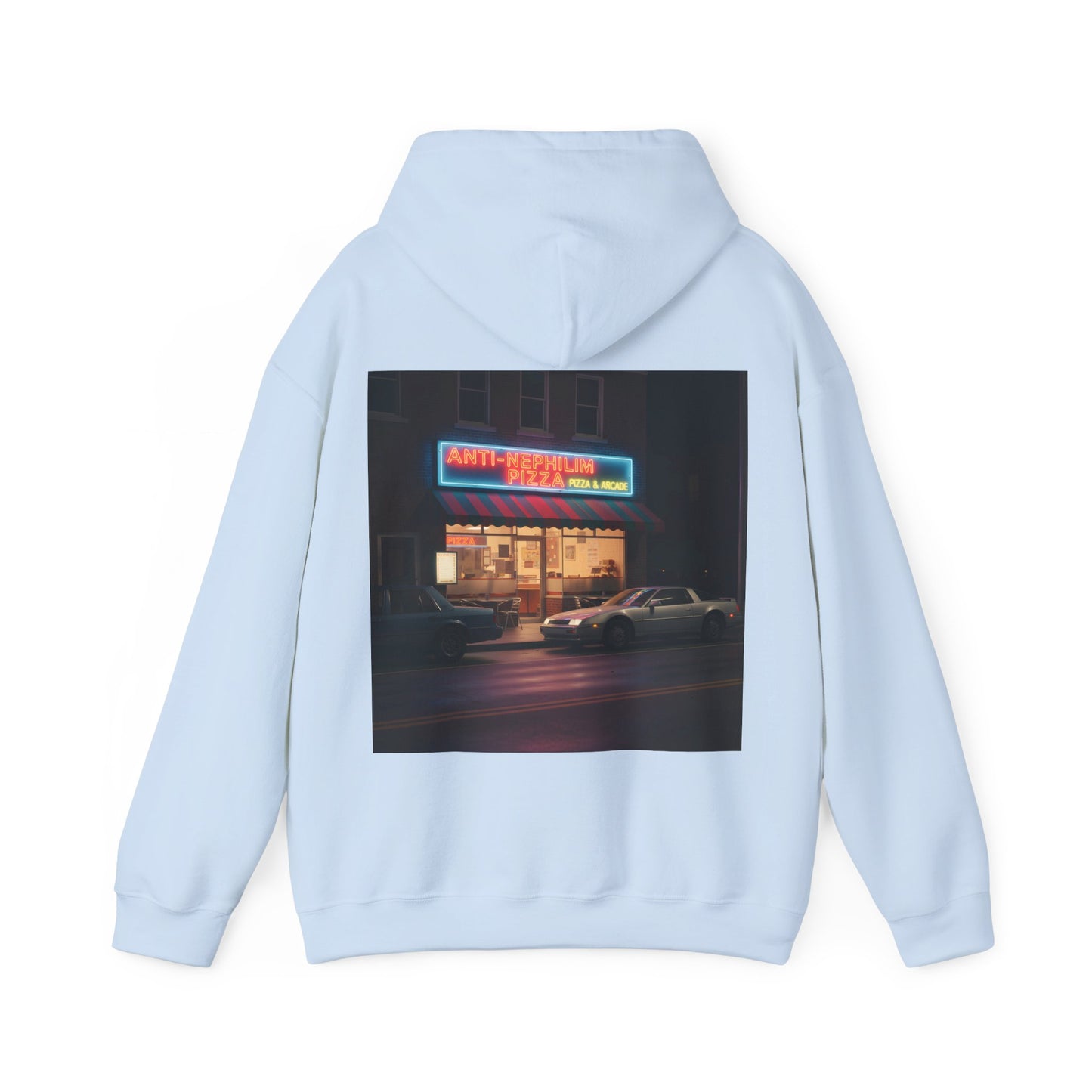 Retro neon pizza place anti nephilim hoodie (unisex), Kirk Ave. Apparel