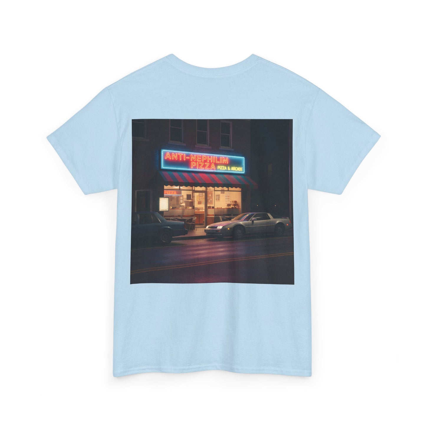 Retro neon pizza place anti nephilim t shirt (unisex), Kirk Ave. Apparel