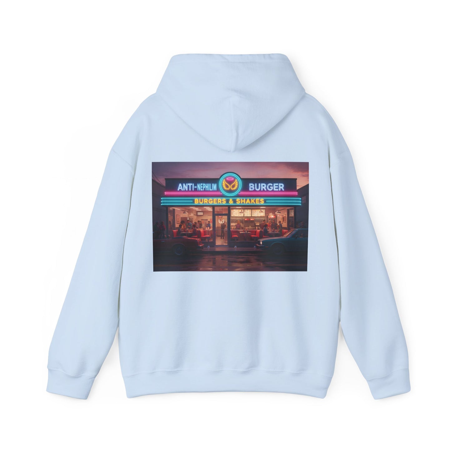 Retro neon burger joint anti nephilim hoodie (unisex), Kirk Ave. Apparel