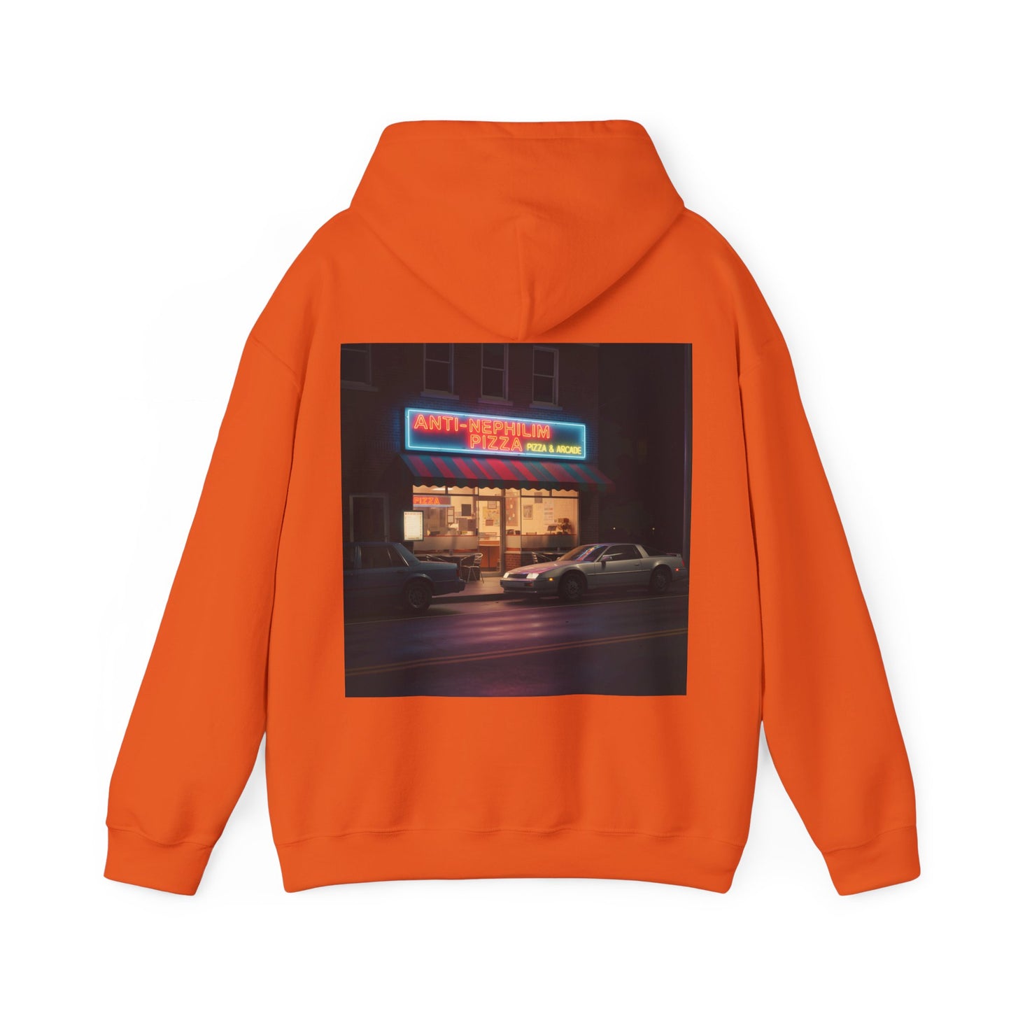Retro neon pizza place anti nephilim hoodie (unisex), Kirk Ave. Apparel