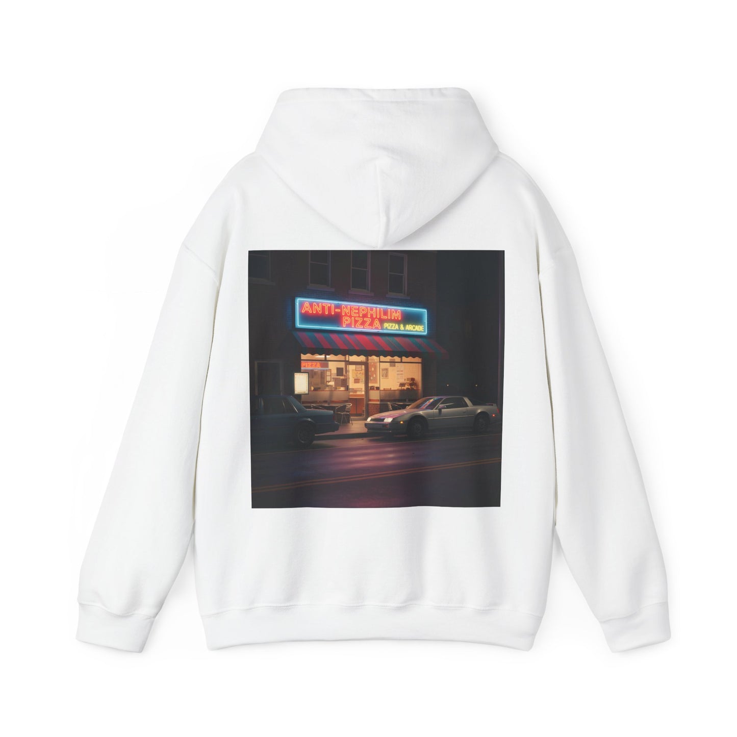Retro neon pizza place anti nephilim hoodie (unisex), Kirk Ave. Apparel