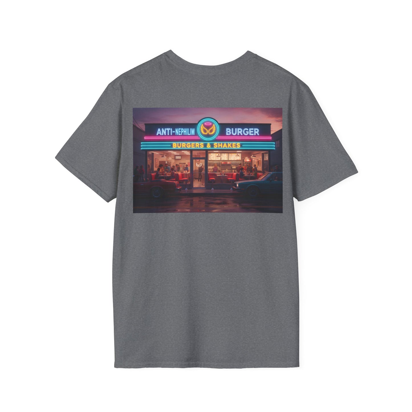 Retro neon burger joint anti nephilim t shirt (unisex), Kirk Ave. Apparel