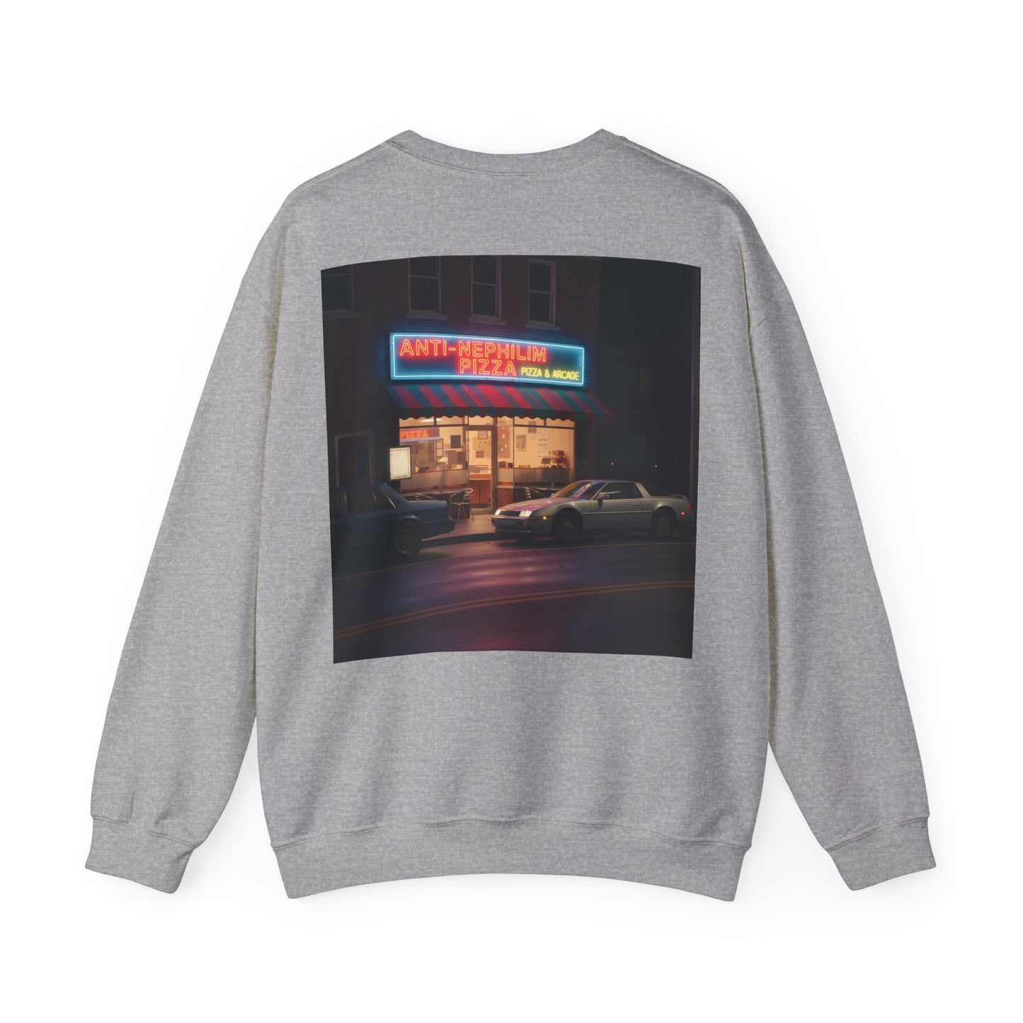 Retro neon pizza place anti nephilim sweatshirt (unisex), Kirk Ave. Apparel
