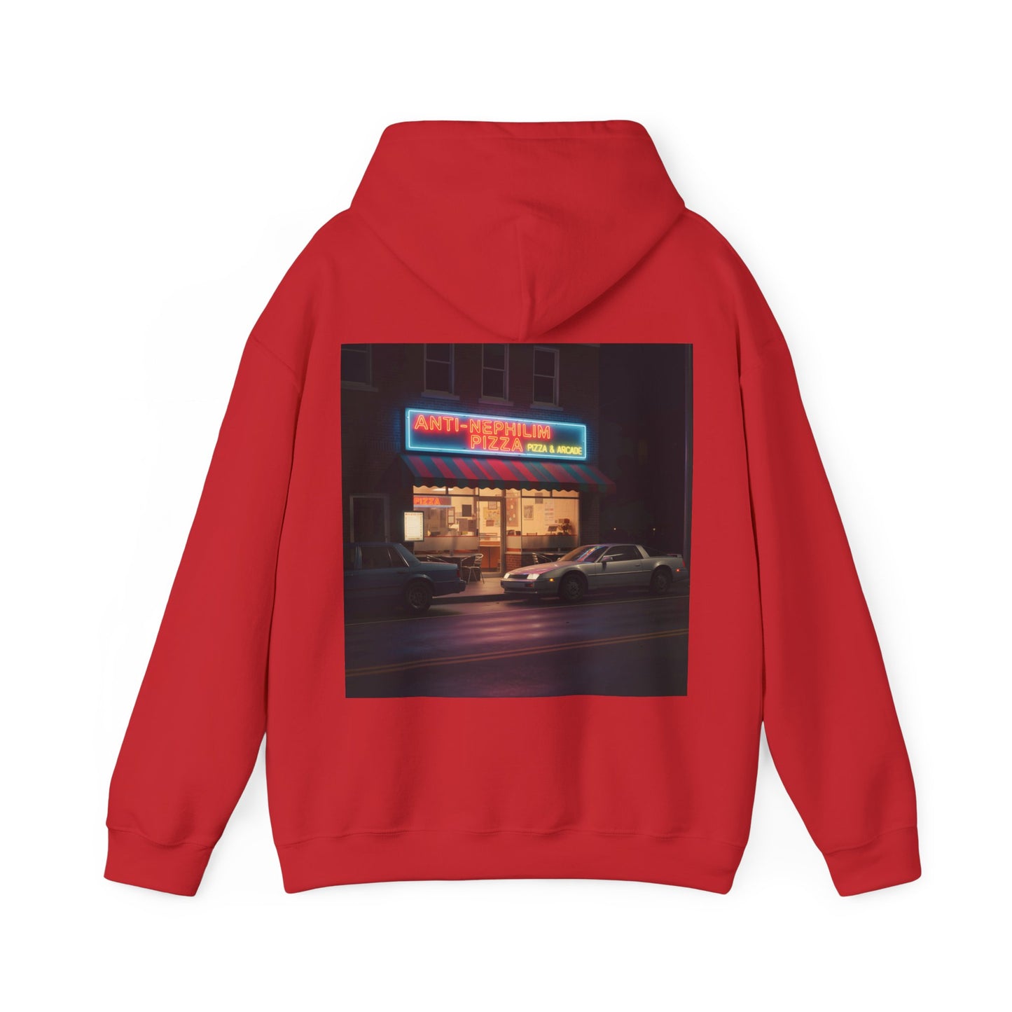 Retro neon pizza place anti nephilim hoodie (unisex), Kirk Ave. Apparel