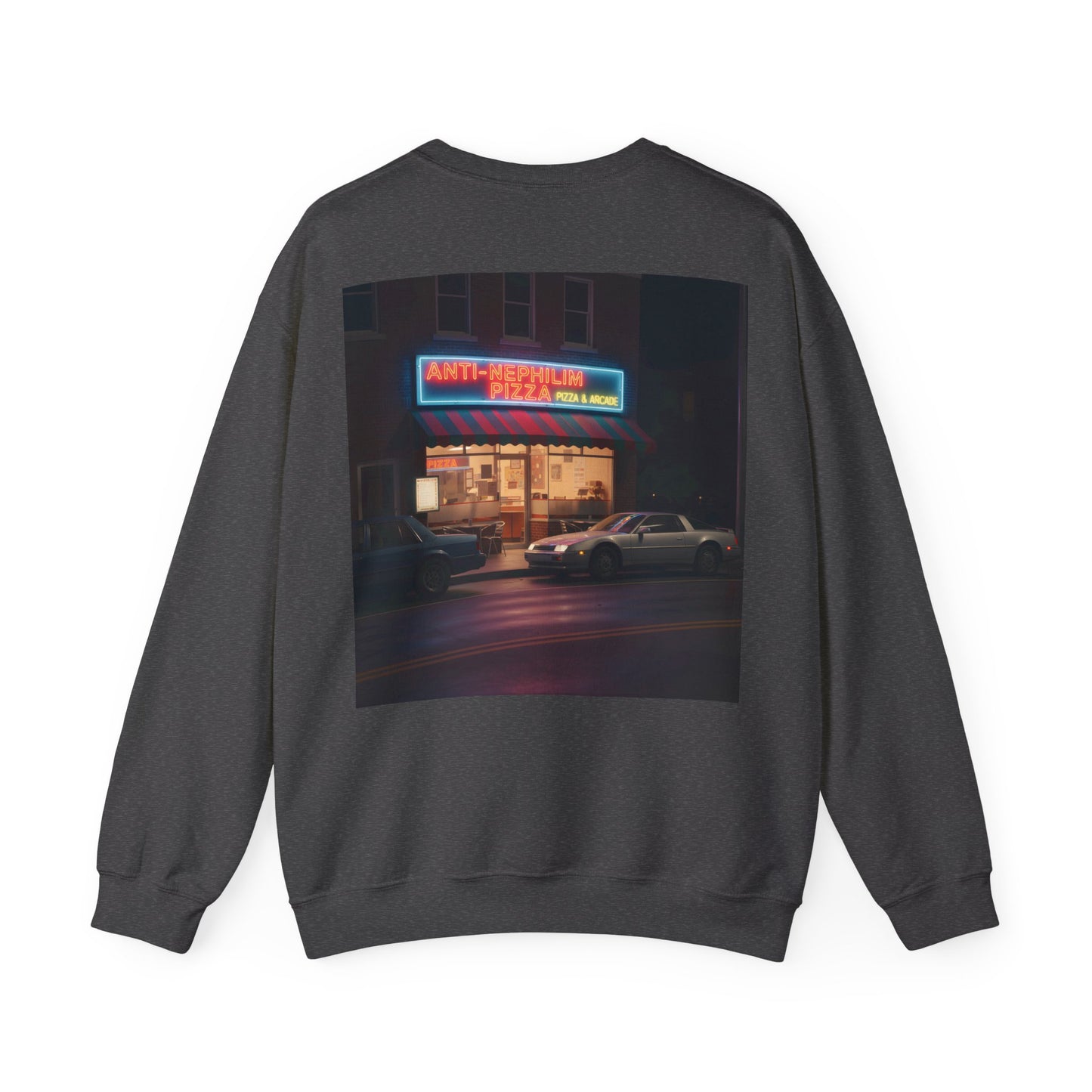 Retro neon pizza place anti nephilim sweatshirt (unisex), Kirk Ave. Apparel