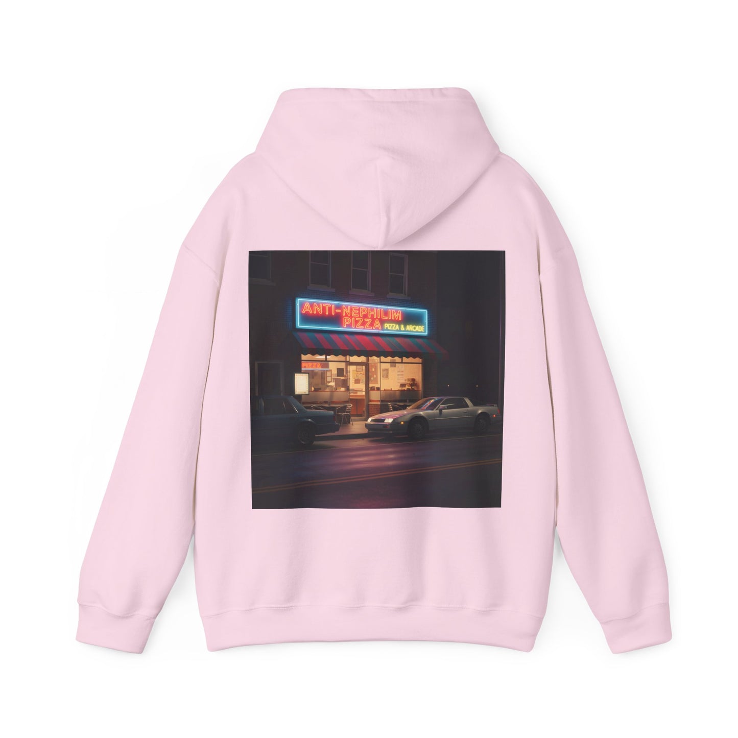 Retro neon pizza place anti nephilim hoodie (unisex), Kirk Ave. Apparel