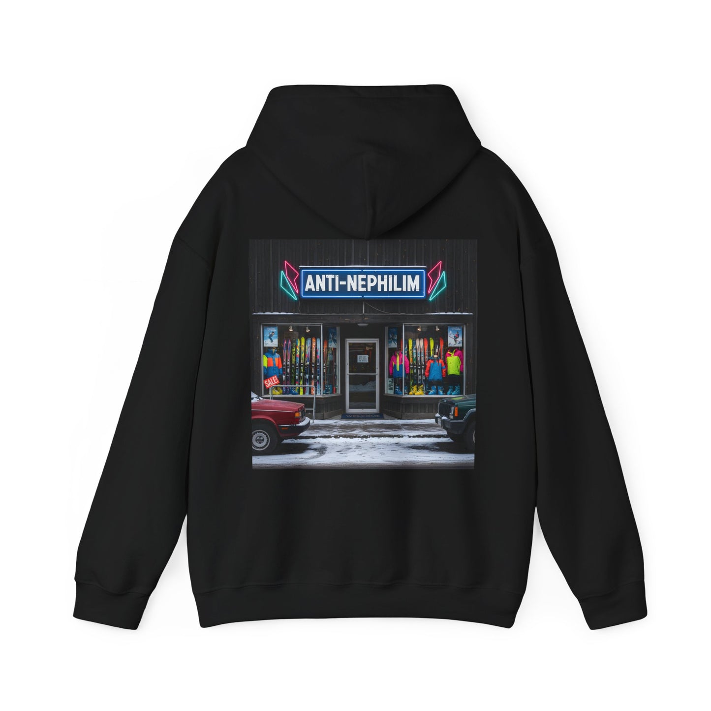 Retro ski shop anti nephilim hoodie (unisex), Kirk Ave. Apparel
