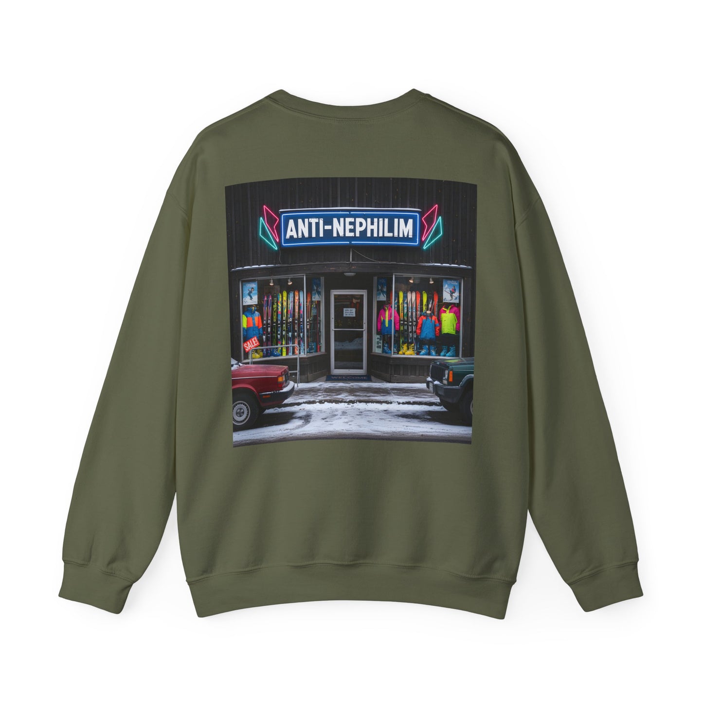 Retro ski shop anti nephilim sweatshirt (unisex), Kirk Ave. Apparel
