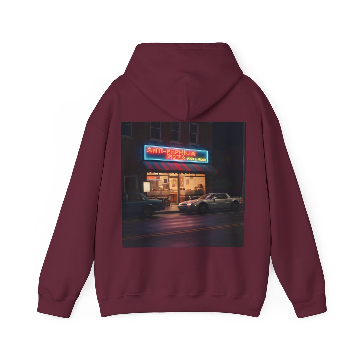 Retro neon pizza place anti nephilim hoodie (unisex), Kirk Ave. Apparel