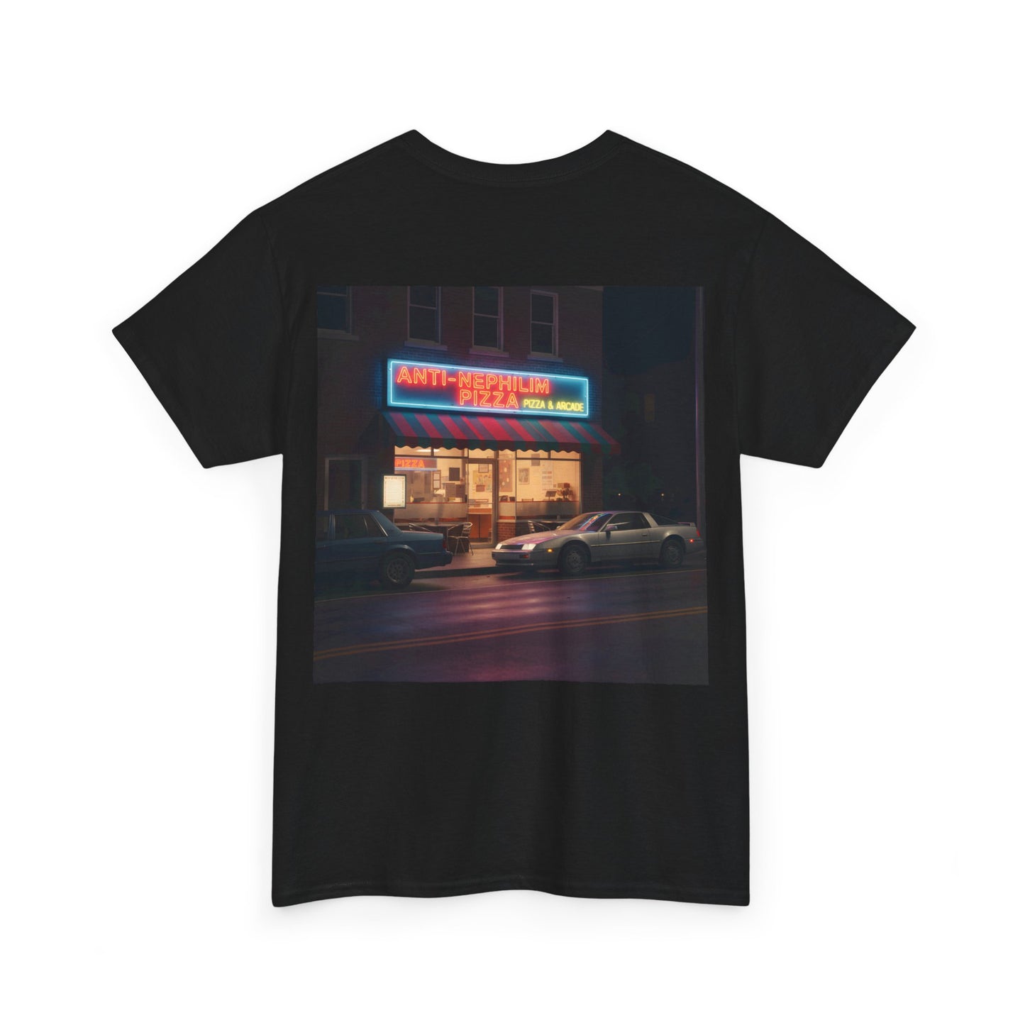 Retro neon pizza place anti nephilim t shirt (unisex), Kirk Ave. Apparel