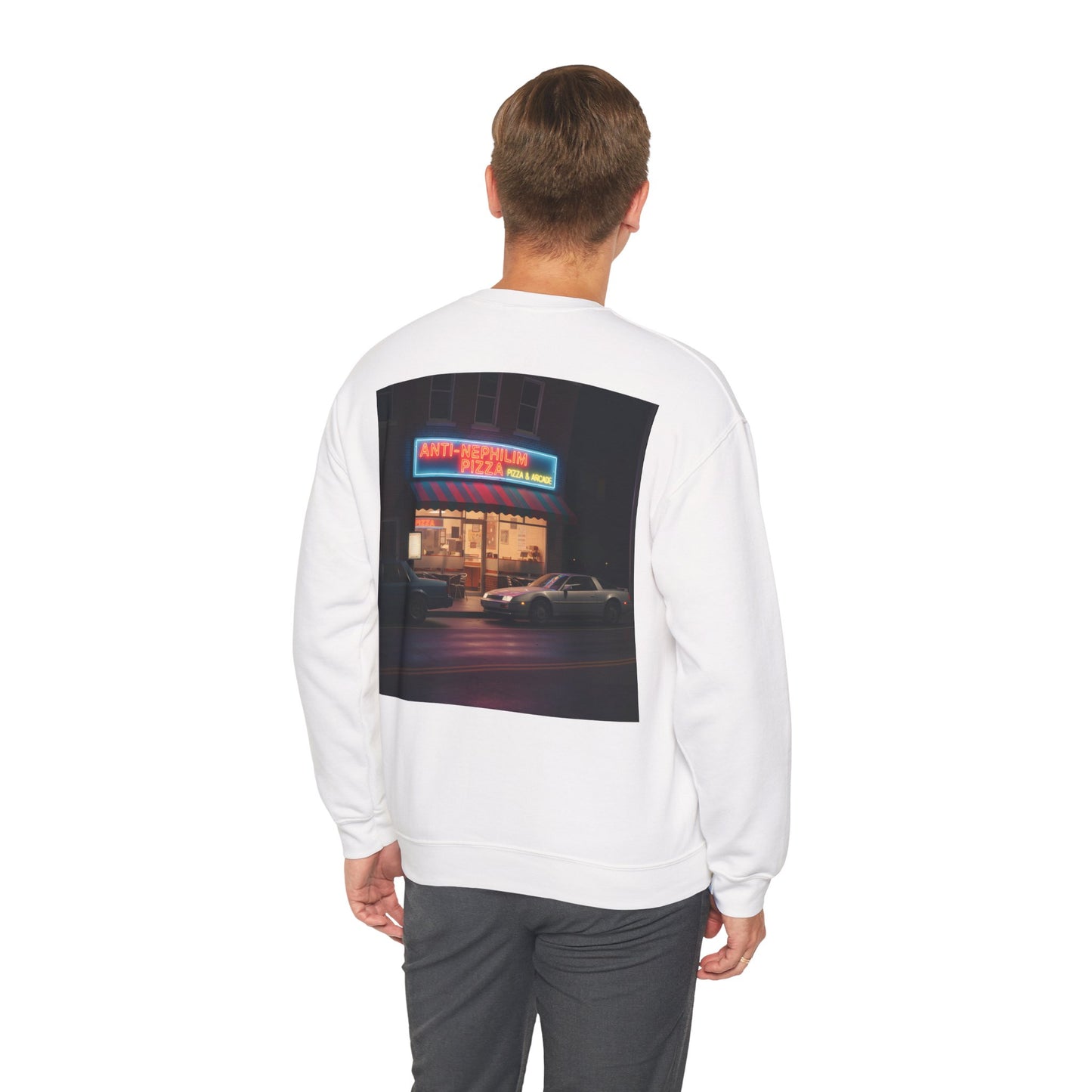Retro neon pizza place anti nephilim sweatshirt (unisex), Kirk Ave. Apparel