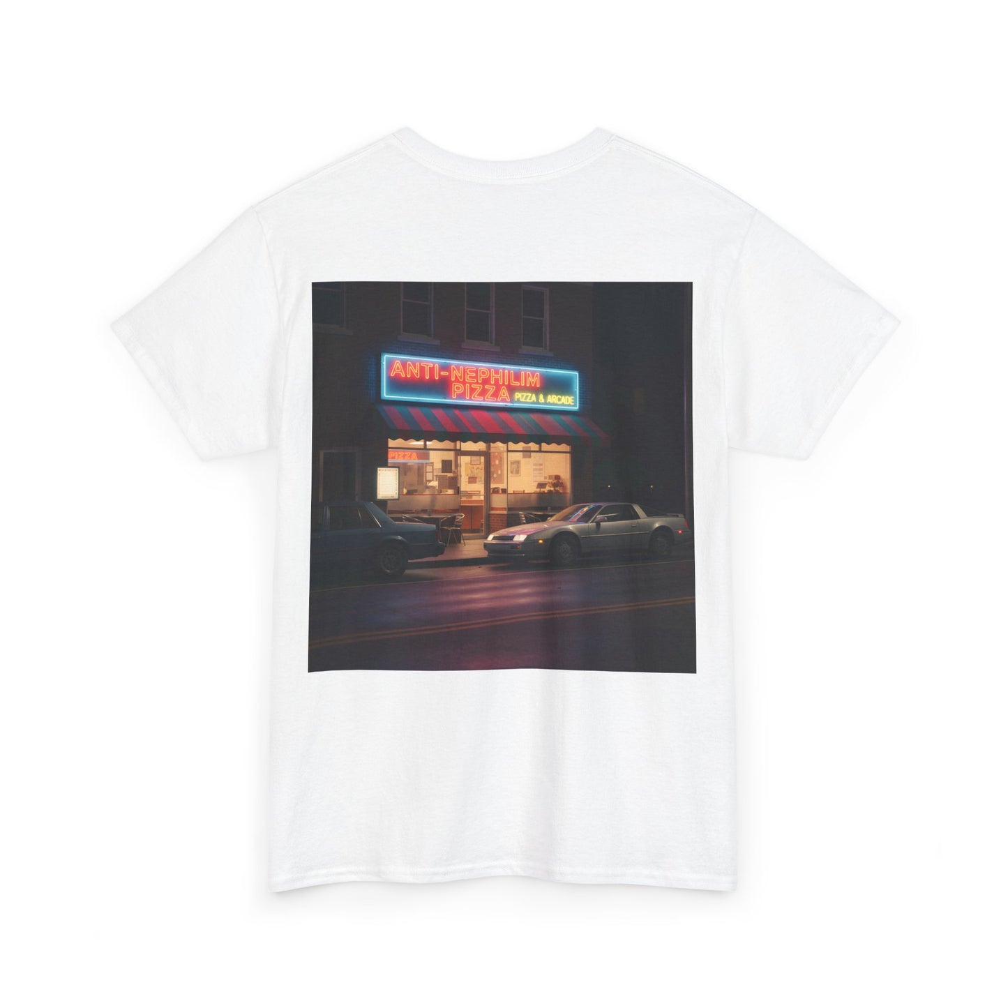 Retro neon pizza place anti nephilim t shirt (unisex), Kirk Ave. Apparel