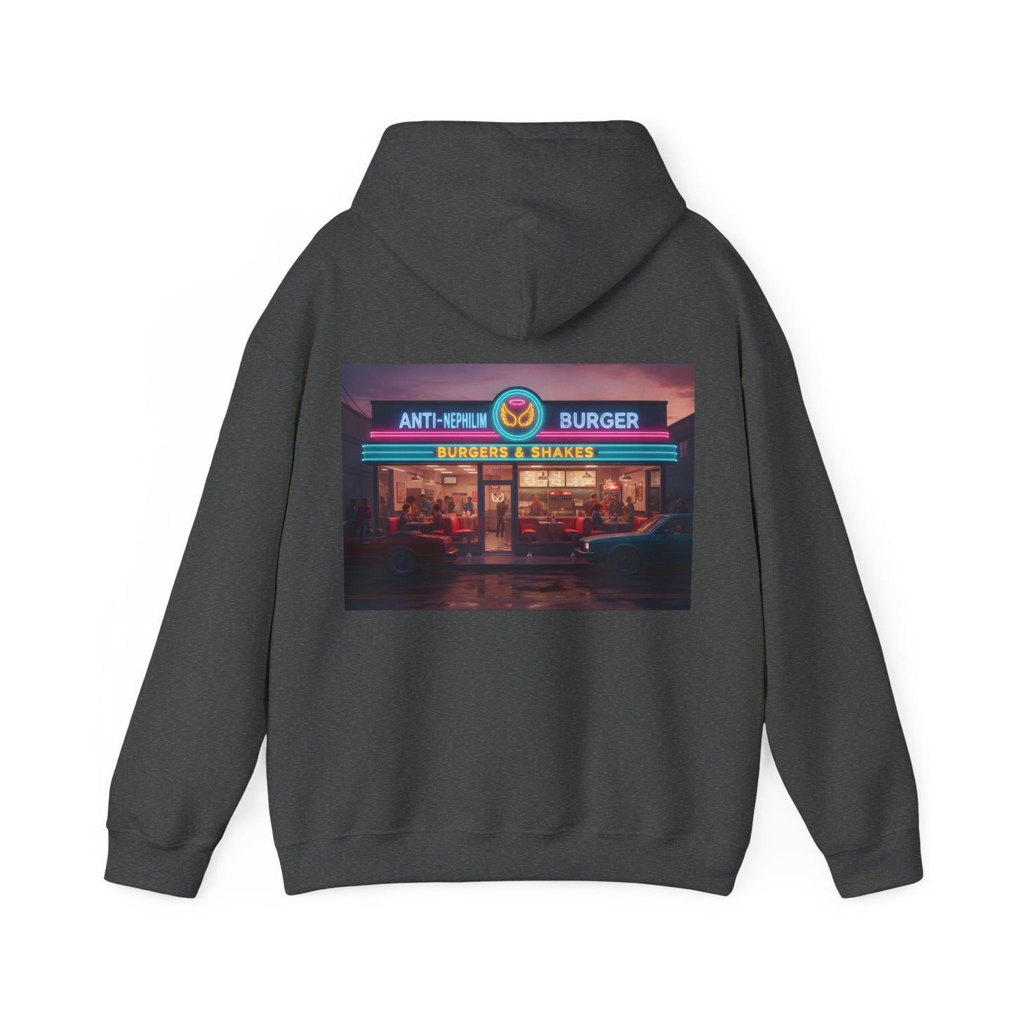 Retro neon burger joint anti nephilim hoodie (unisex), Kirk Ave. Apparel
