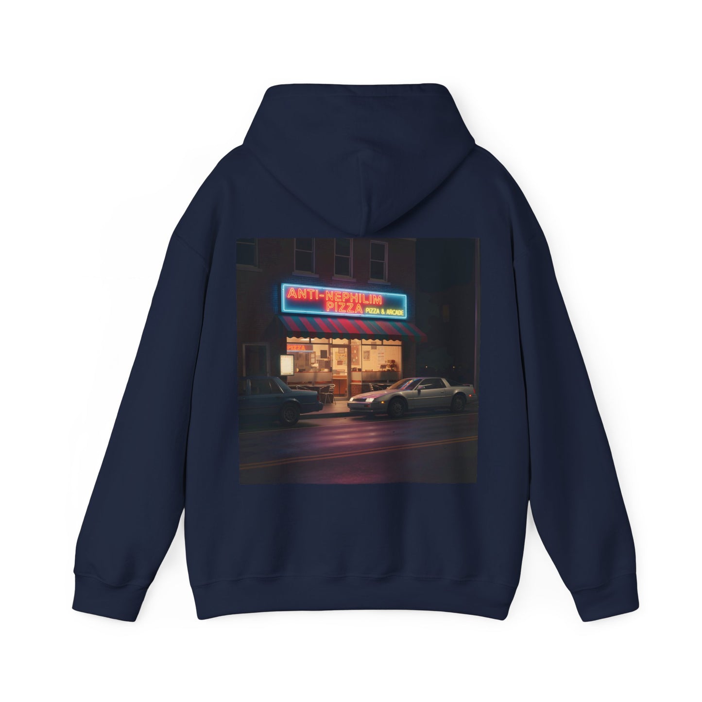 Retro neon pizza place anti nephilim hoodie (unisex), Kirk Ave. Apparel