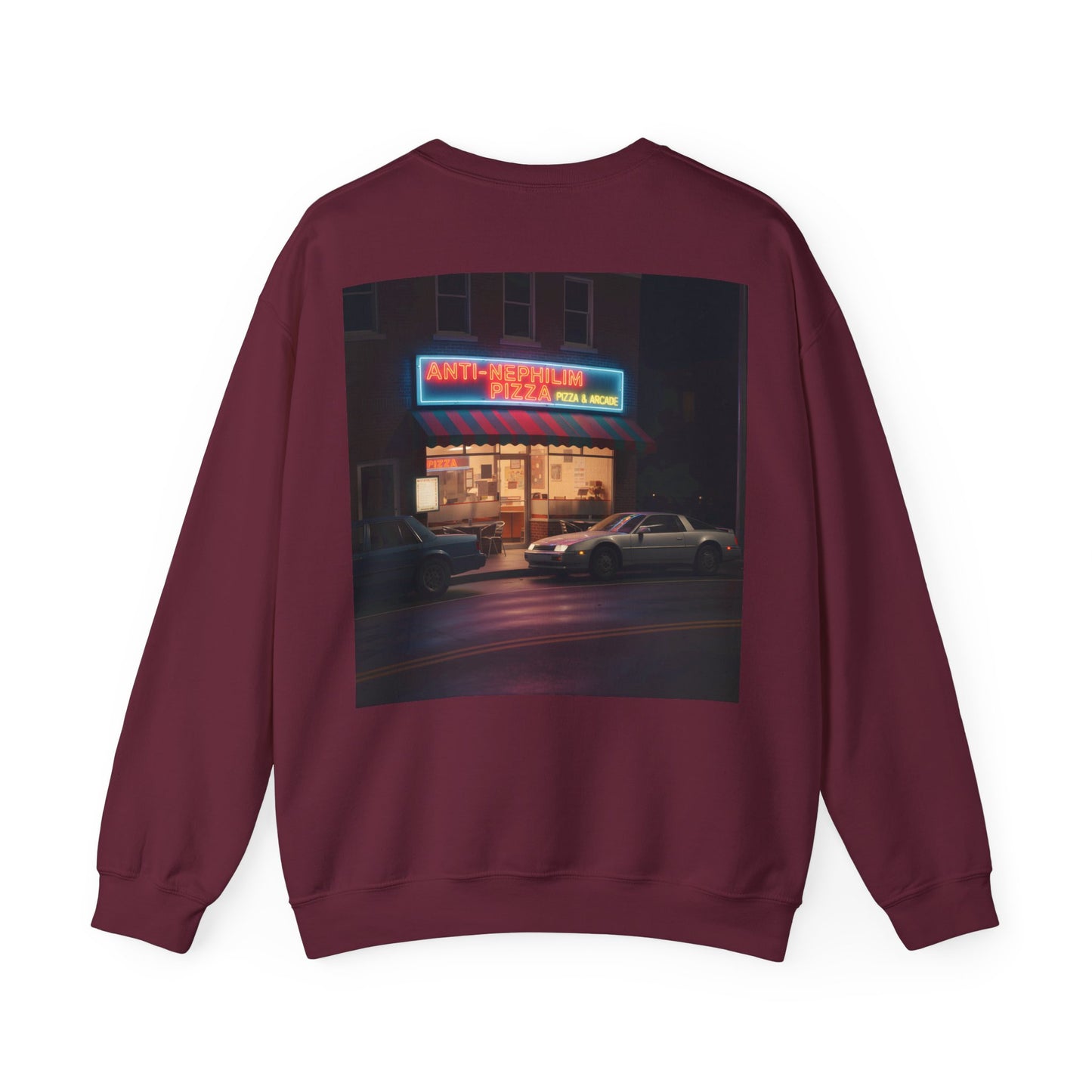 Retro neon pizza place anti nephilim sweatshirt (unisex), Kirk Ave. Apparel