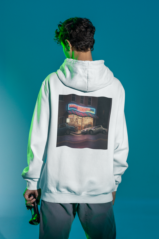 Retro neon pizza place anti nephilim hoodie (unisex), Kirk Ave. Apparel