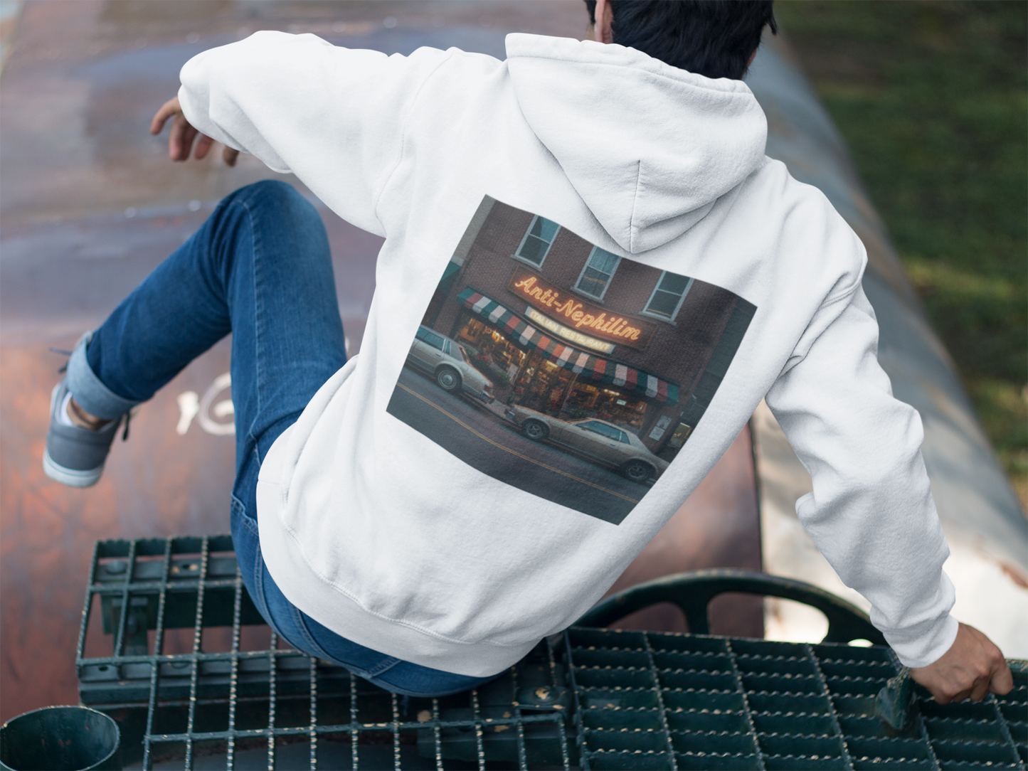 Retro neon NYC Italian anti nephilim hoodie (unisex), Kirk Ave. Apparel