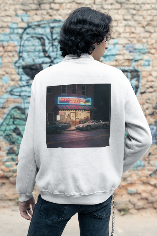 Retro neon pizza place anti nephilim sweatshirt (unisex), Kirk Ave. Apparel