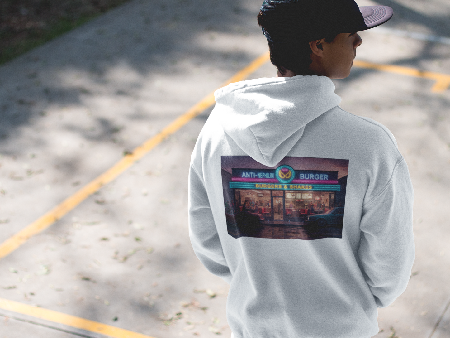 Retro neon burger joint anti nephilim hoodie (unisex), Kirk Ave. Apparel