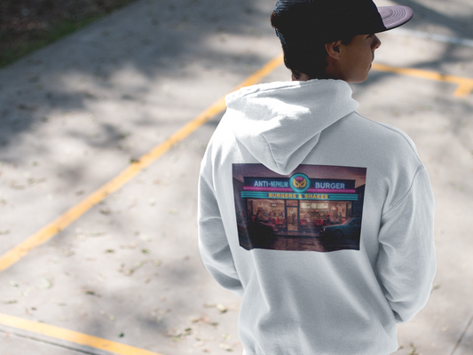 Retro neon burger joint anti nephilim hoodie (unisex), Kirk Ave. Apparel
