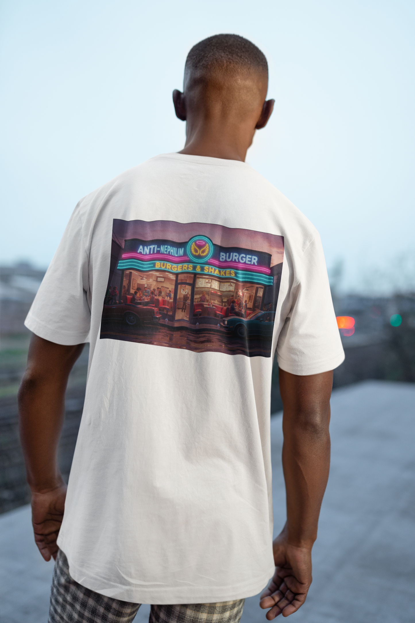 Retro neon burger joint anti nephilim t shirt (unisex), Kirk Ave. Apparel