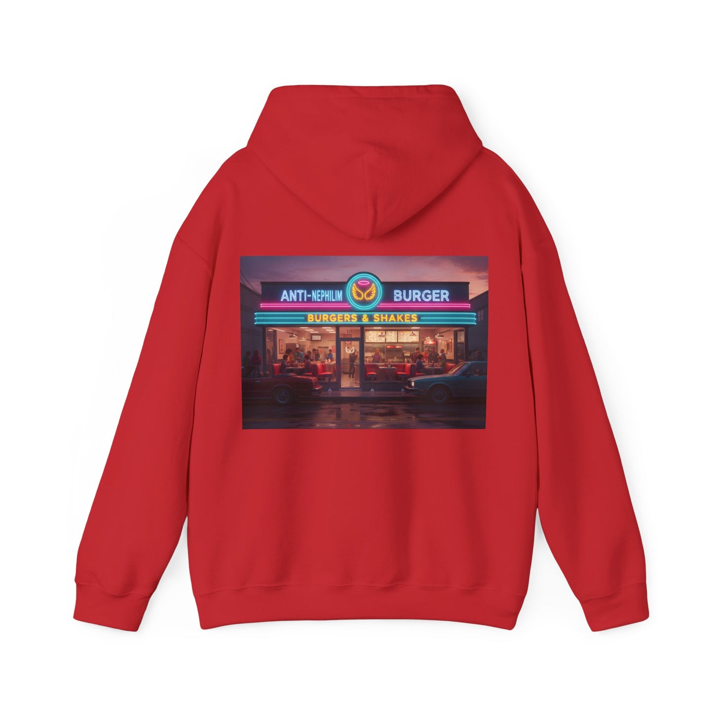 Retro neon burger joint anti nephilim hoodie (unisex), Kirk Ave. Apparel