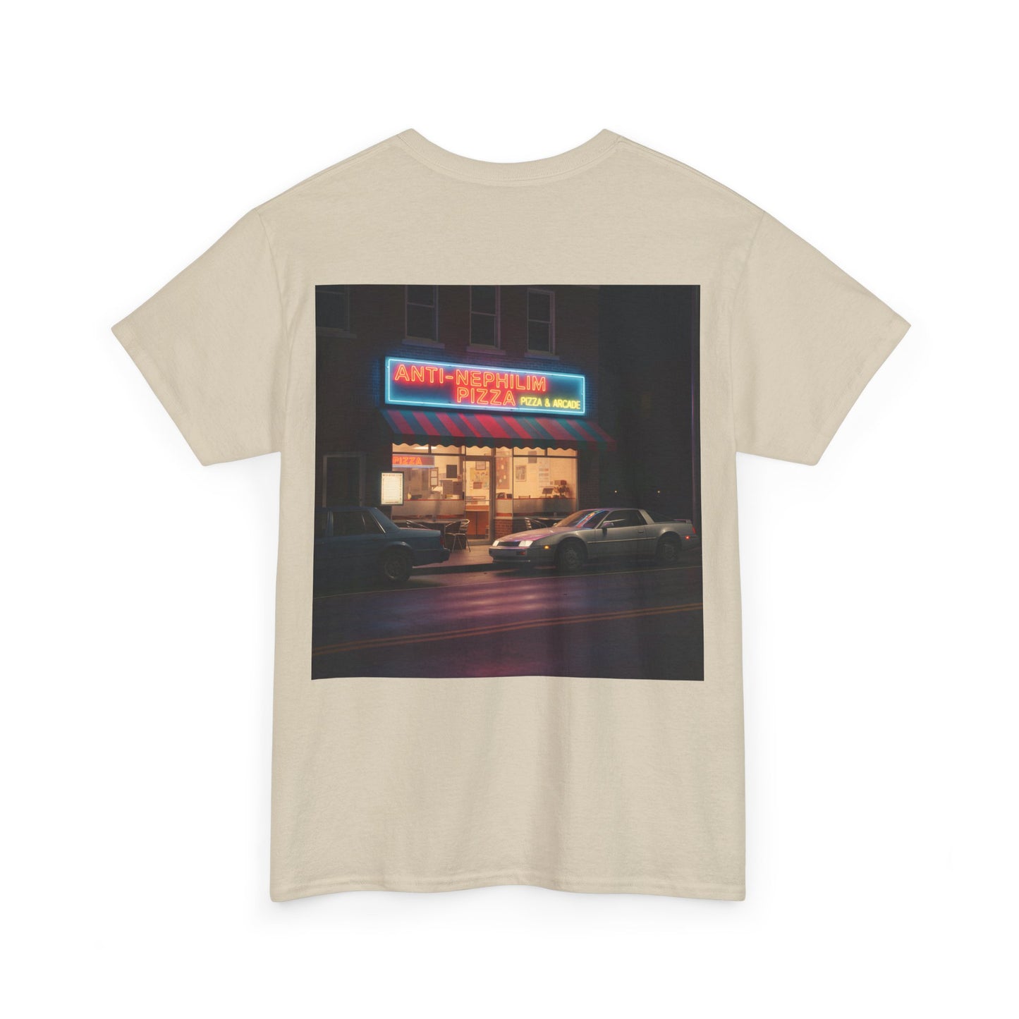 Retro neon pizza place anti nephilim t shirt (unisex), Kirk Ave. Apparel