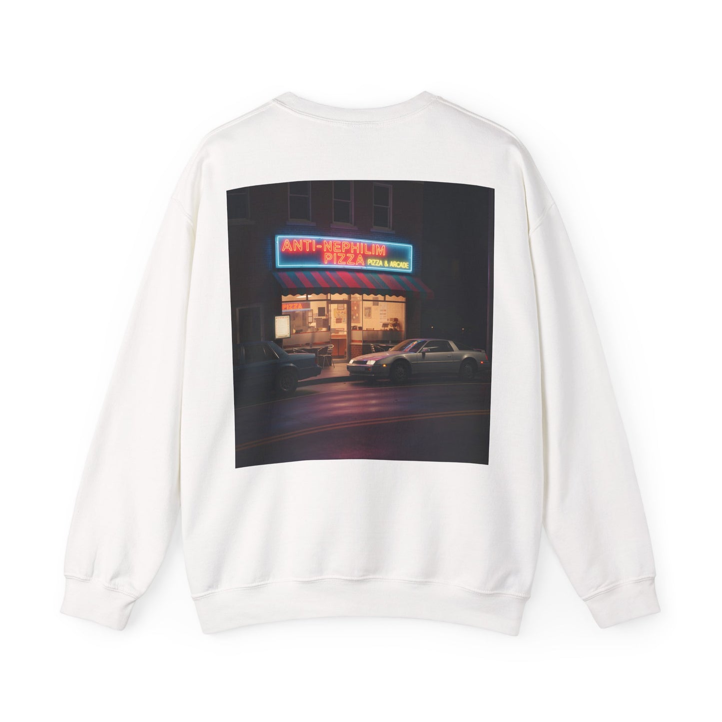 Retro neon pizza place anti nephilim sweatshirt (unisex), Kirk Ave. Apparel