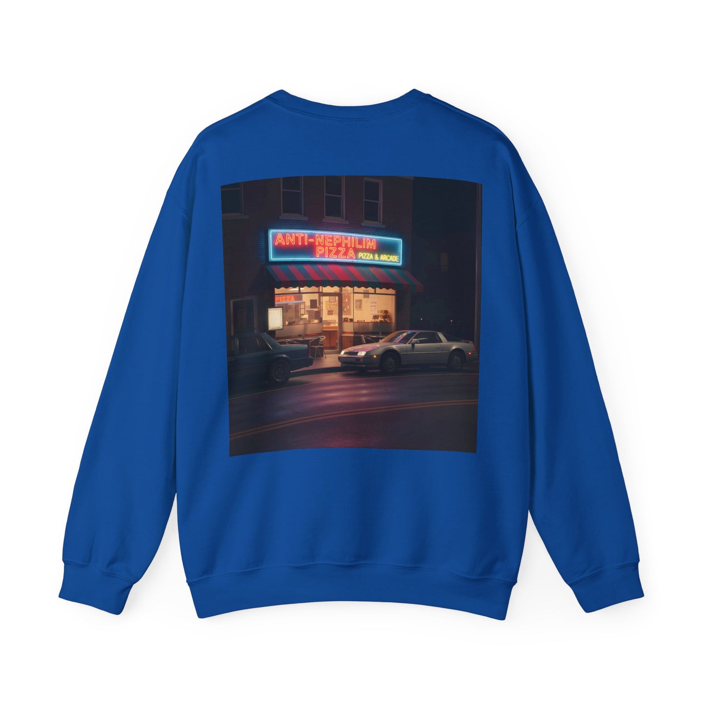 Retro neon pizza place anti nephilim sweatshirt (unisex), Kirk Ave. Apparel