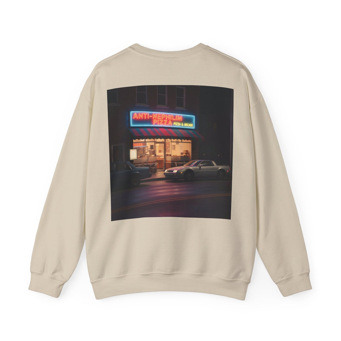Retro neon pizza place anti nephilim sweatshirt (unisex), Kirk Ave. Apparel
