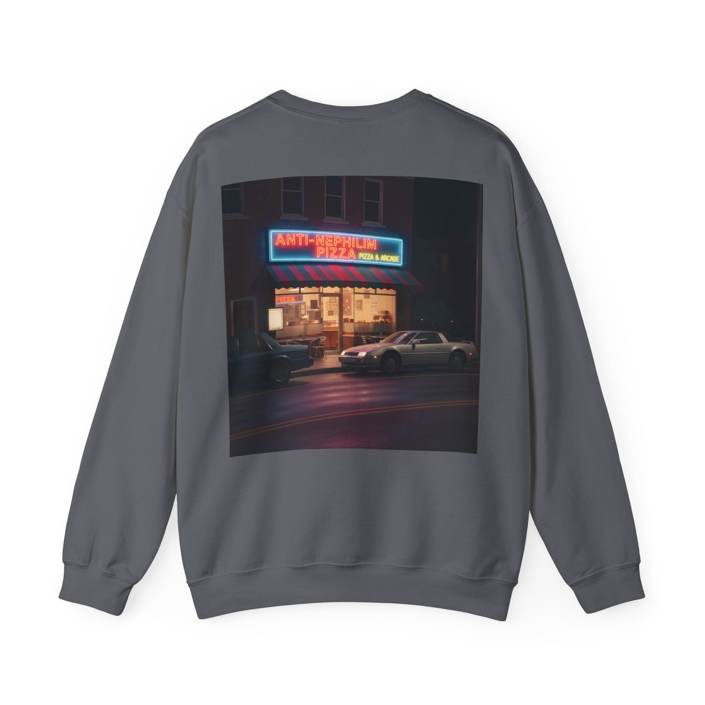 Retro neon pizza place anti nephilim sweatshirt (unisex), Kirk Ave. Apparel