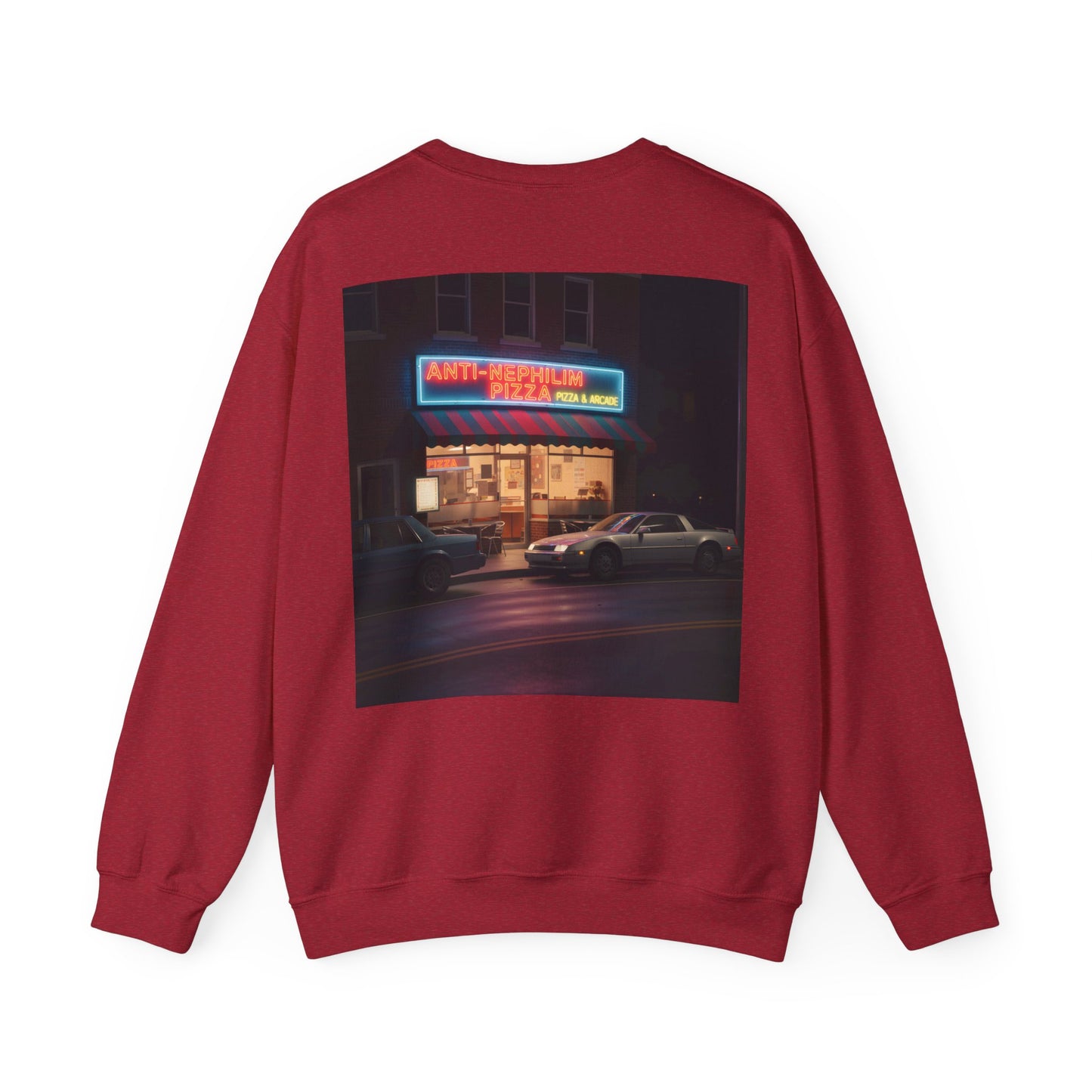 Retro neon pizza place anti nephilim sweatshirt (unisex), Kirk Ave. Apparel