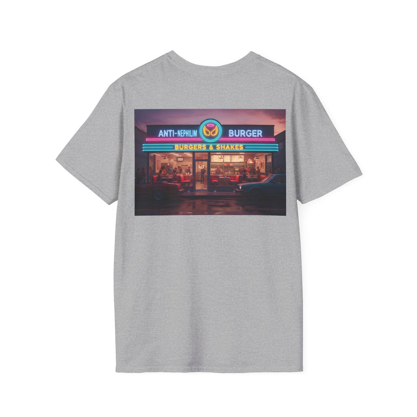 Retro neon burger joint anti nephilim t shirt (unisex), Kirk Ave. Apparel