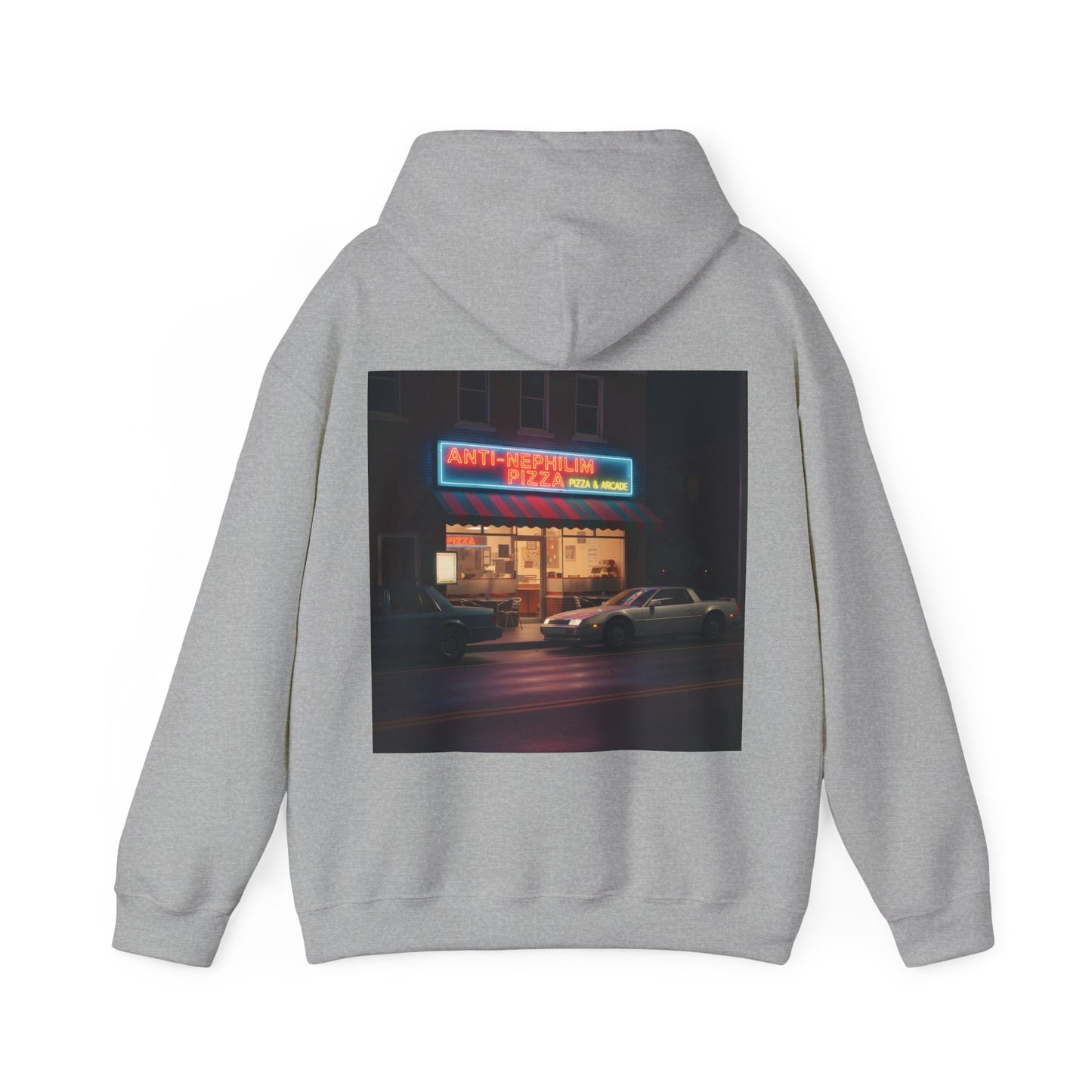 Retro neon pizza place anti nephilim hoodie (unisex), Kirk Ave. Apparel