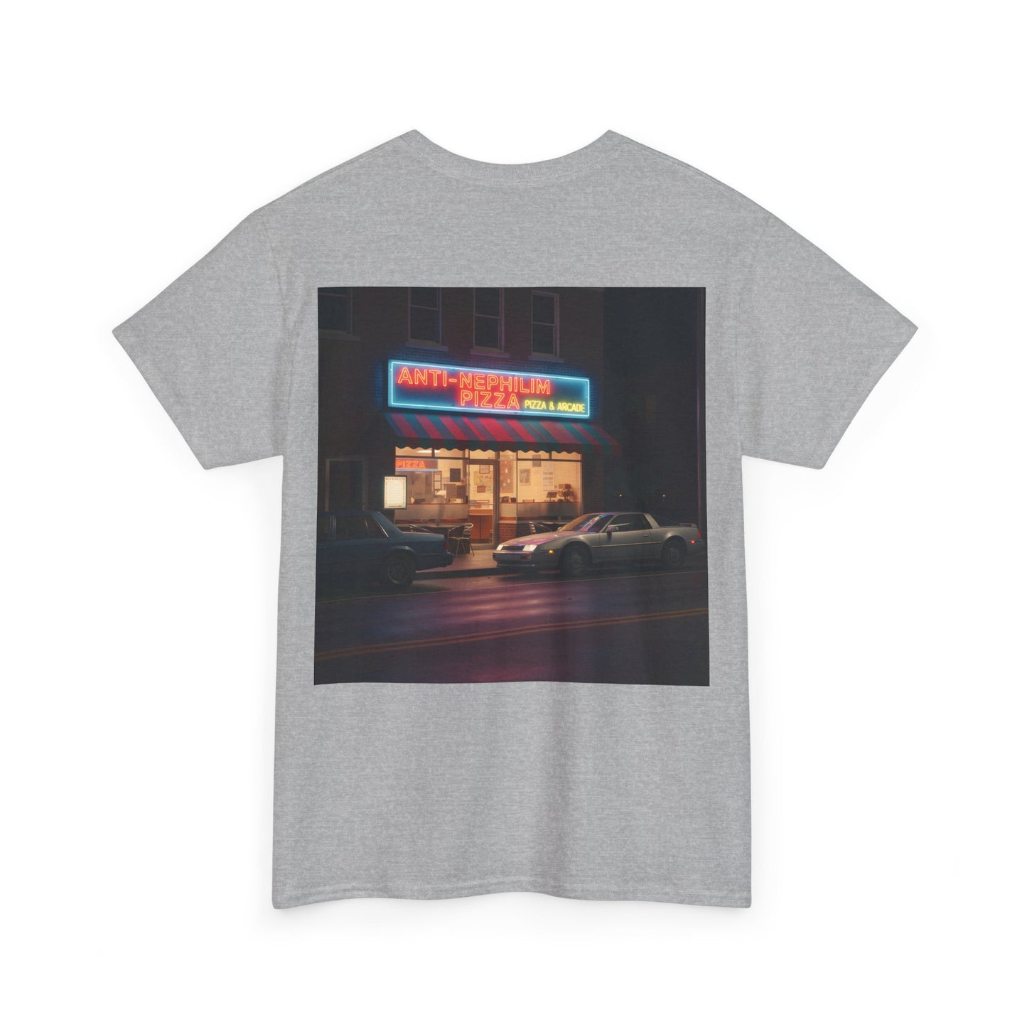 Retro neon pizza place anti nephilim t shirt (unisex), Kirk Ave. Apparel