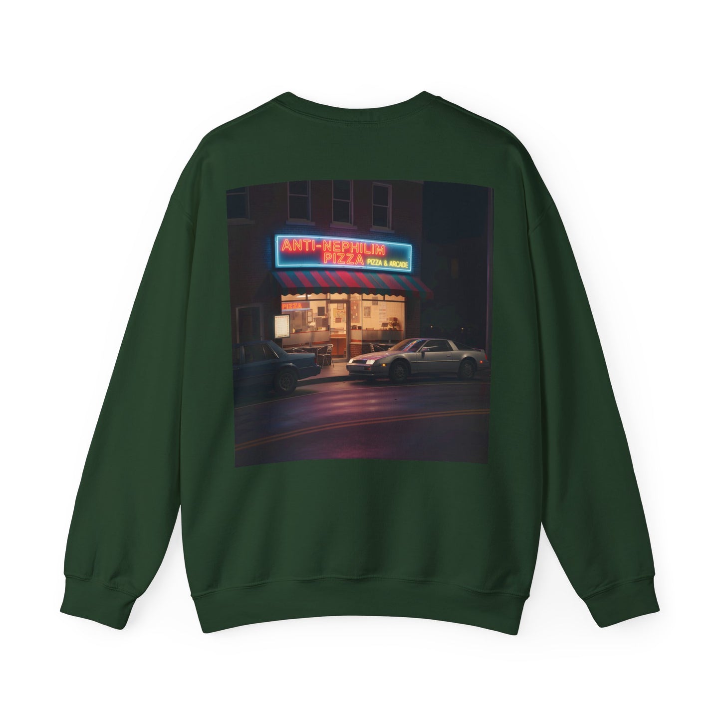 Retro neon pizza place anti nephilim sweatshirt (unisex), Kirk Ave. Apparel