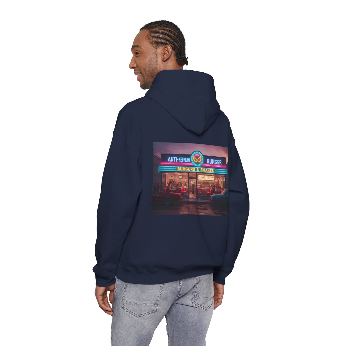 Retro neon burger joint anti nephilim hoodie (unisex), Kirk Ave. Apparel