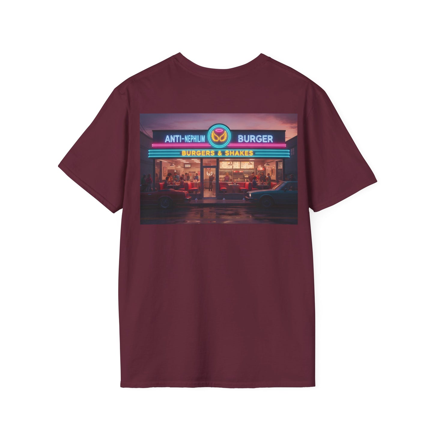 Retro neon burger joint anti nephilim t shirt (unisex), Kirk Ave. Apparel