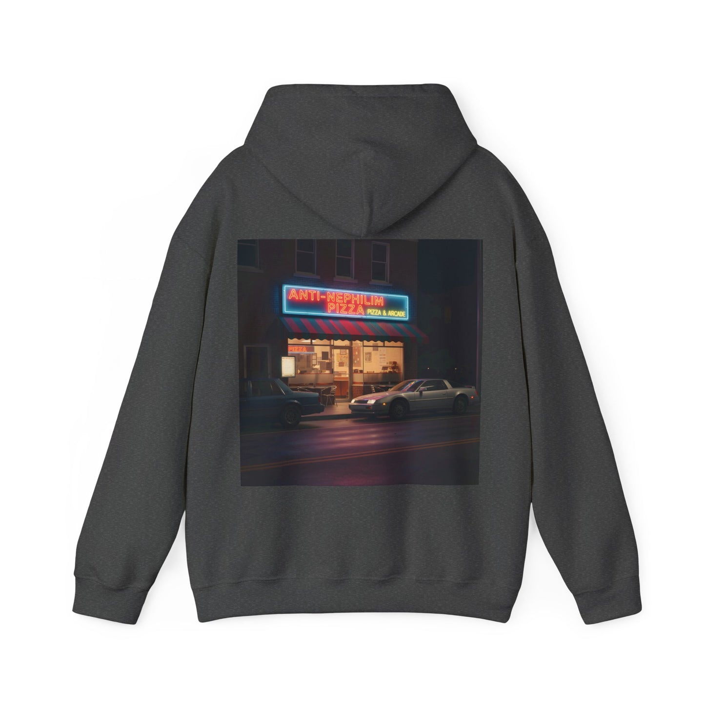 Retro neon pizza place anti nephilim hoodie (unisex), Kirk Ave. Apparel