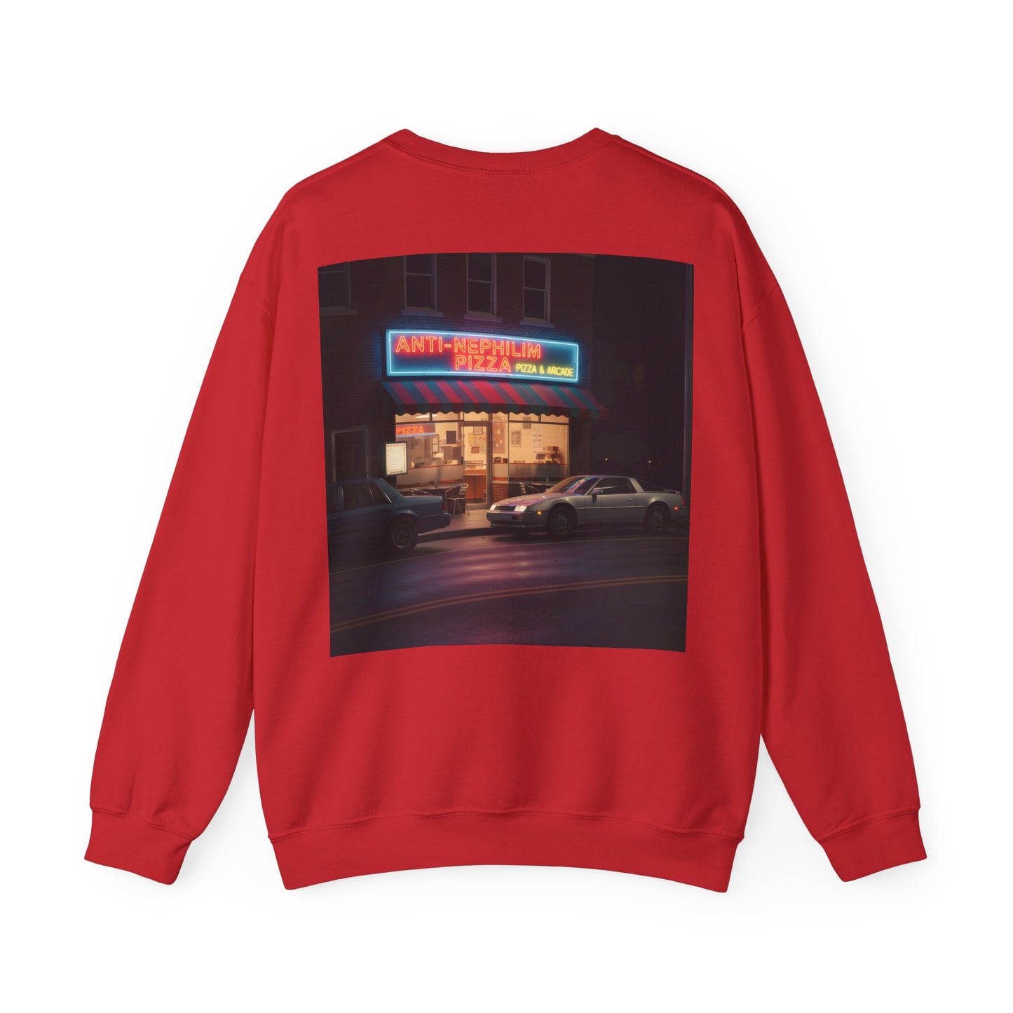 Retro neon pizza place anti nephilim sweatshirt (unisex), Kirk Ave. Apparel
