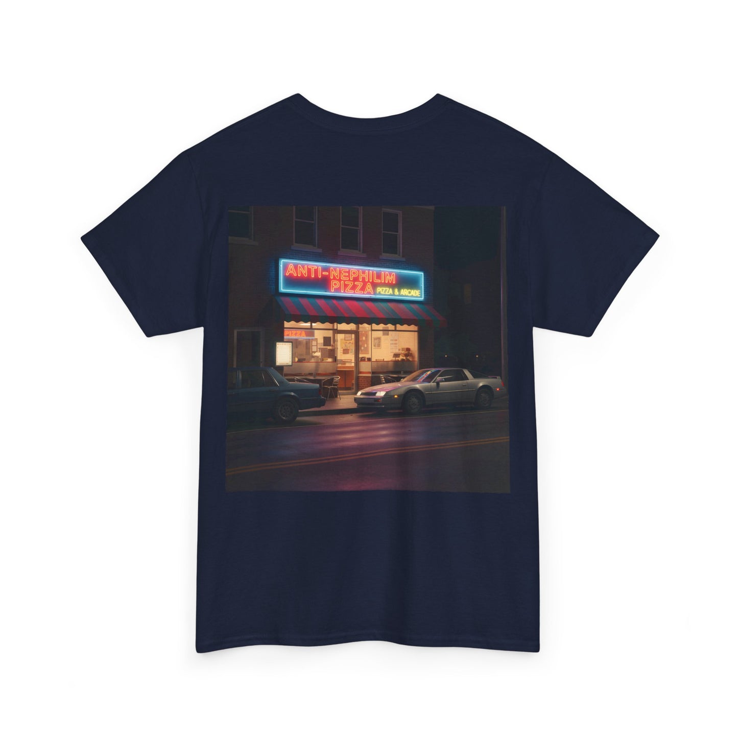 Retro neon pizza place anti nephilim t shirt (unisex), Kirk Ave. Apparel
