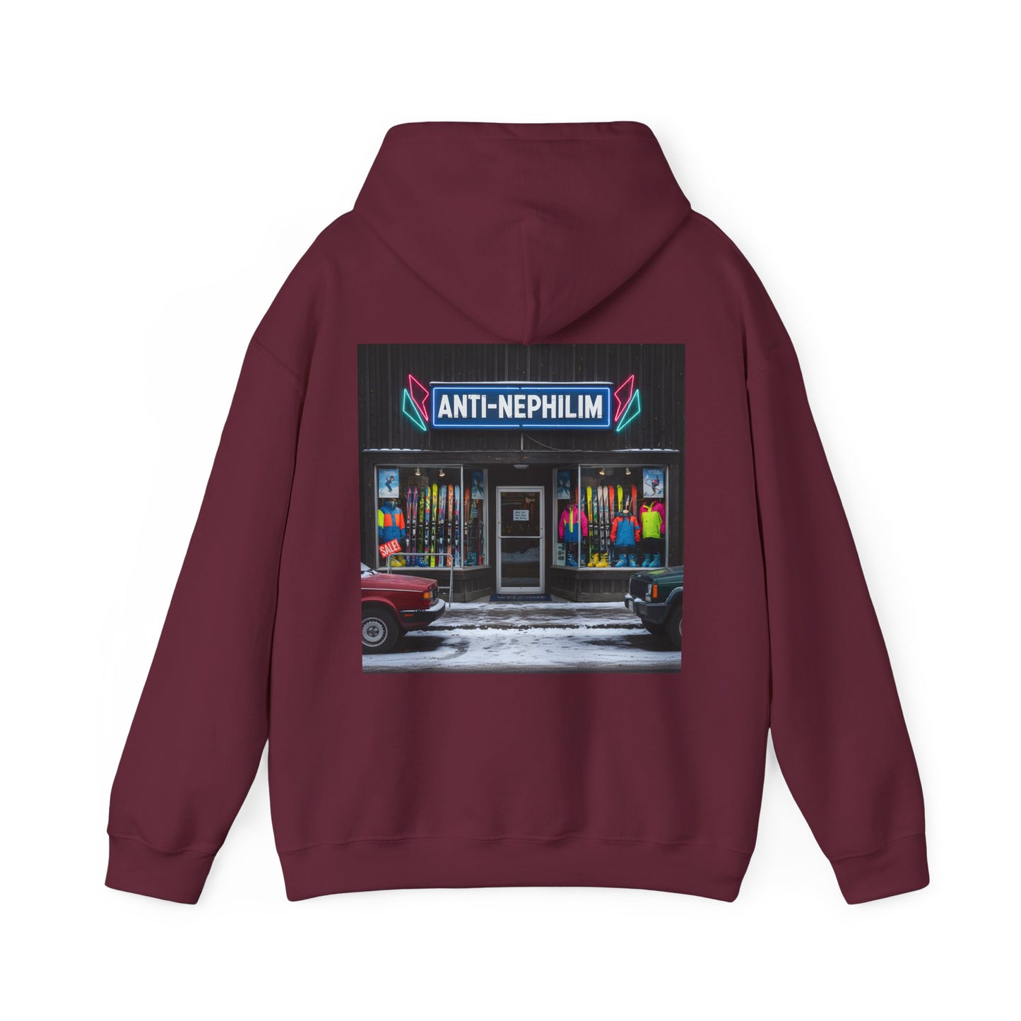 Retro ski shop anti nephilim hoodie (unisex), Kirk Ave. Apparel