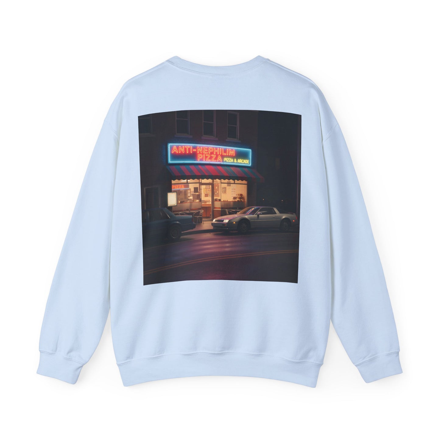 Retro neon pizza place anti nephilim sweatshirt (unisex), Kirk Ave. Apparel