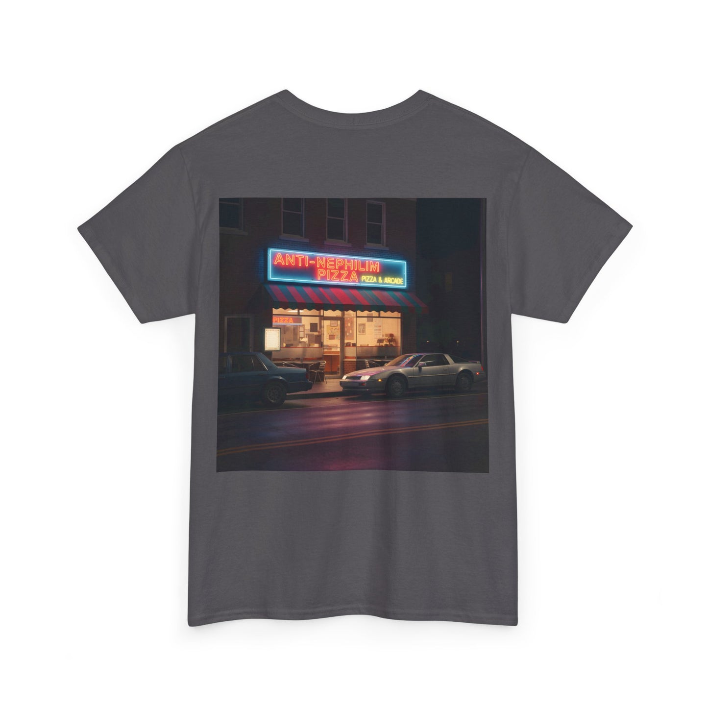 Retro neon pizza place anti nephilim t shirt (unisex), Kirk Ave. Apparel