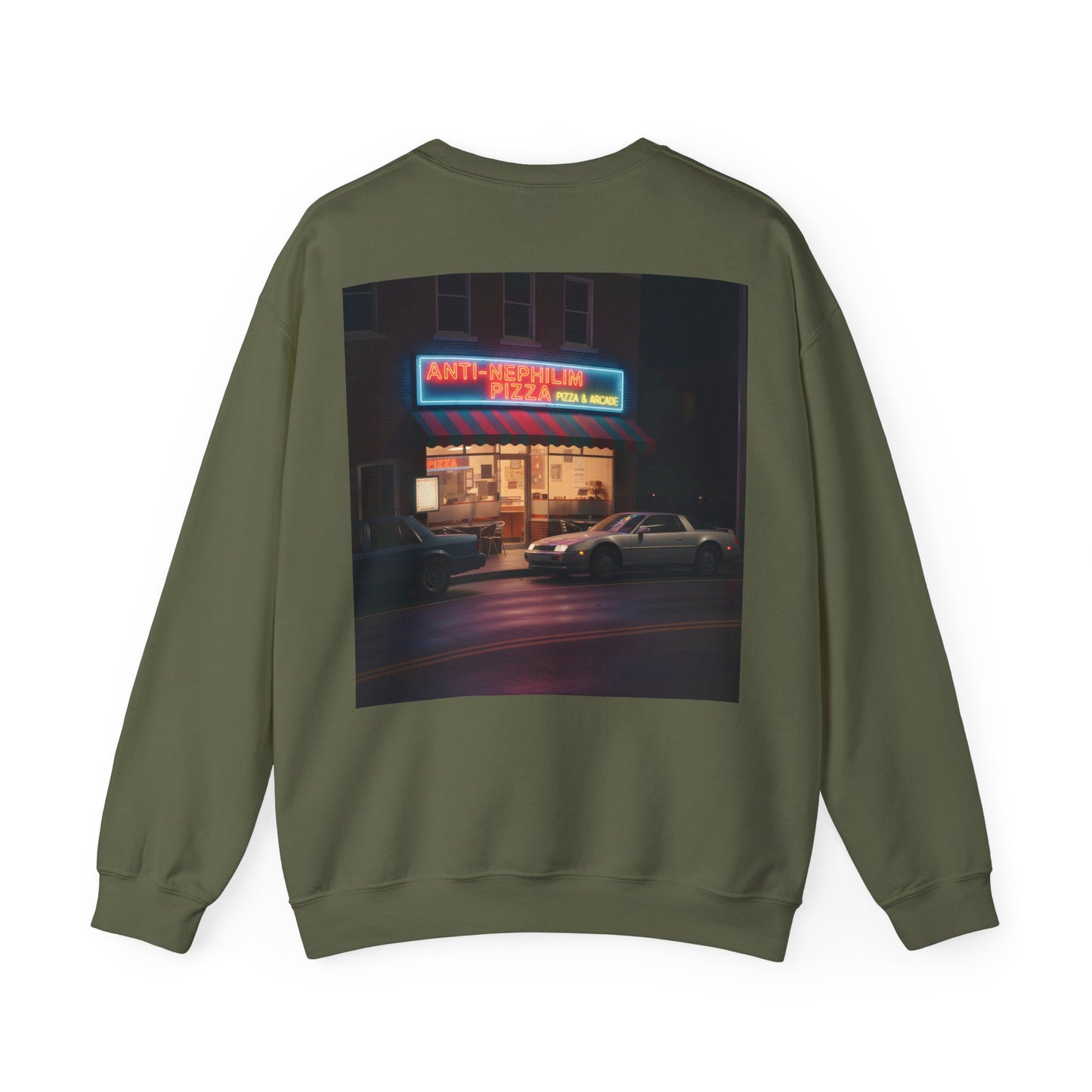Retro neon pizza place anti nephilim sweatshirt (unisex), Kirk Ave. Apparel