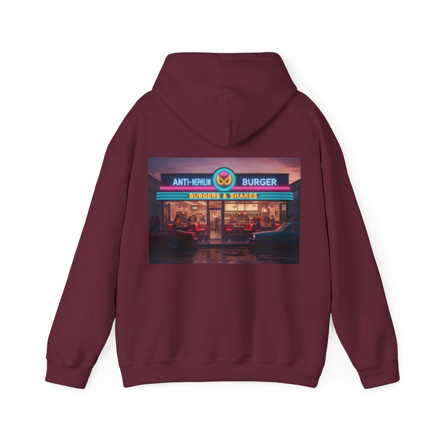 Retro neon burger joint anti nephilim hoodie (unisex), Kirk Ave. Apparel