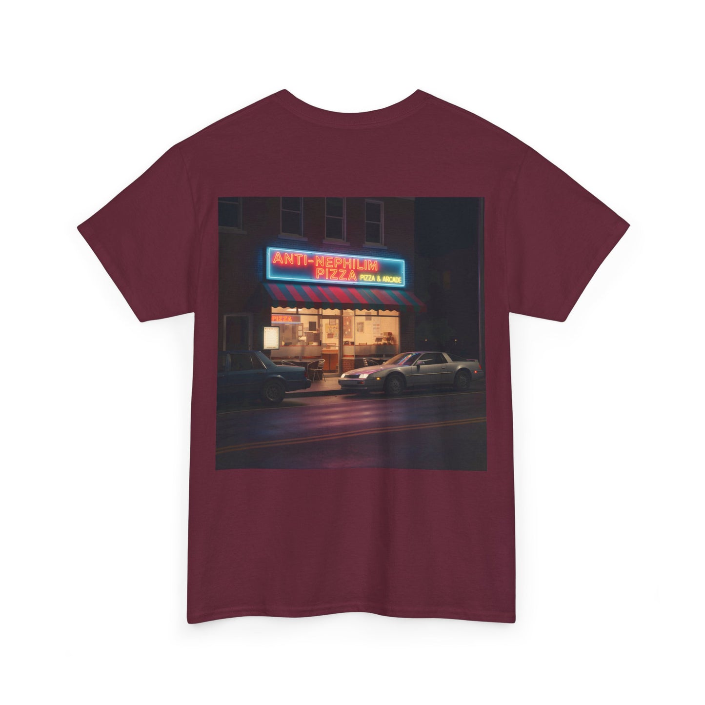Retro neon pizza place anti nephilim t shirt (unisex), Kirk Ave. Apparel