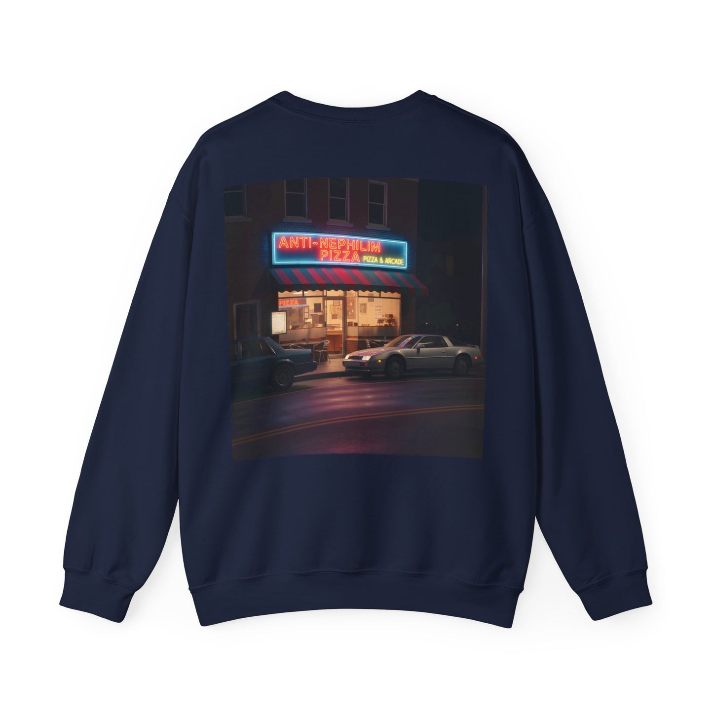 Retro neon pizza place anti nephilim sweatshirt (unisex), Kirk Ave. Apparel